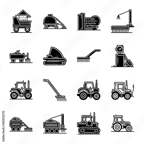 Dynamic collection of agricultural and industrial machinery icons featuring tractors, harvesters, and specialized equipment for modern farming and construction projects