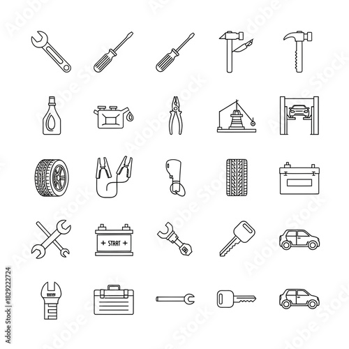 Discover a comprehensive collection of essential automotive service and repair icons for all your design and informational needs.