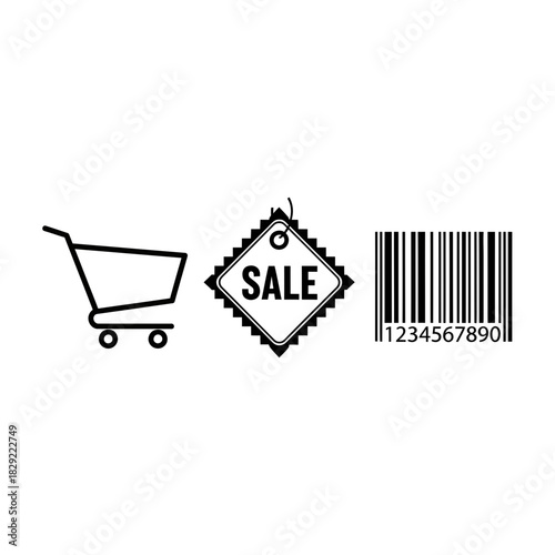 Iconic shopping cart sale tag and barcode create dynamic visual for retail promotions and e commerce marketing campaigns