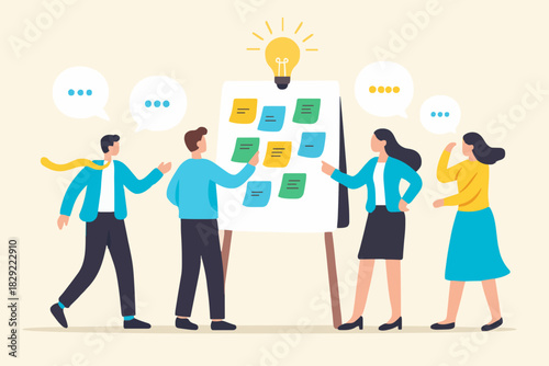 Workshop or business discussion, meeting or brainstorm new idea, training course class, Q and A, question and answer chat, business people in workshop meeting room with whiteboard and sticky notes.