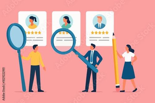Recruitment hiring process to choose candidate to fit job position, HR Human Resources recruiting people fill in vacancy concept, business people HR with magnifier to choose choose candidate resume.