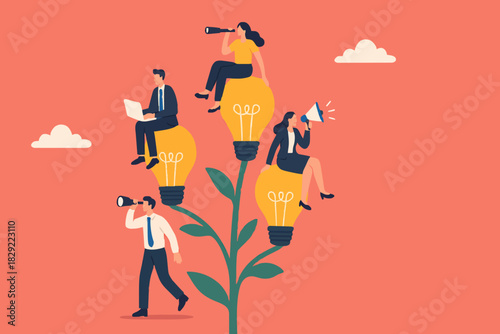 Corporate culture or employee value, organization, team success or career growth, community or company growth participation, HR concept, business people employee working on growing lightbulb plant.