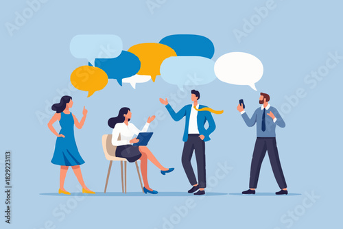 Discussion, conversation or brainstorming for idea, meeting, debate or team communication, colleague chatting, opinion concept, business team coworker discussing work in meeting with speech bubbles.