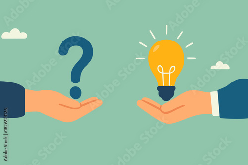 Question and answer, solving problem or business solution, ask for reply or idea to solve difficulty and trouble, FAQ concept, businessman hand holding question mark with other reply with lightbulb.