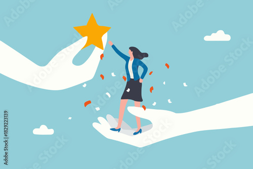 Employee success recognition, encourage and motivate best performance, cheering or honor on success or achievement concept, winning confidence businesswoman standing on big hand getting star reward.