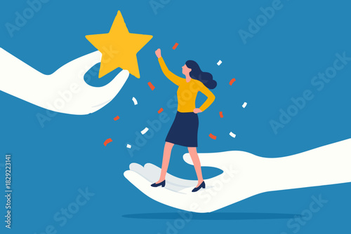 Employee success recognition, encourage and motivate best performance, cheering or honor on success or achievement concept, winning confidence businesswoman standing on big hand getting star reward.