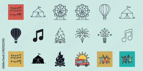 Collection of simple line art icons for festivals and outdoor events vactor vector