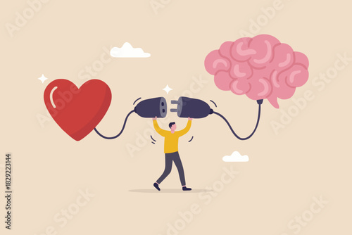 Emotional Intelligence, EI or control feeling and emotion with logical thinking brain, empathy or social skill, self control or balance concept, man connect heart feeling with logical thinking brain.