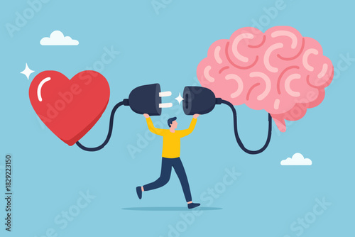 Emotional Intelligence, EI or control feeling and emotion with logical thinking brain, empathy or social skill, self control or balance concept, man connect heart feeling with logical thinking brain.