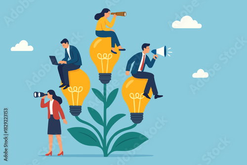Corporate culture or employee value, organization, team success or career growth, community or company growth participation, HR concept, business people employee working on growing lightbulb plant.