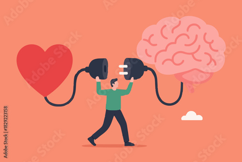 Emotional Intelligence, EI or control feeling and emotion with logical thinking brain, empathy or social skill, self control or balance concept, man connect heart feeling with logical thinking brain.