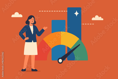 Benchmark performance or KPI key performance indicator, metrics or measurement to measure success, result evaluation, analysis or comparison concept, businessman magnify benchmark metric graph scale.