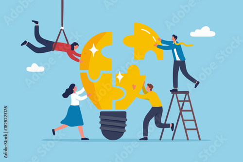Team building, team collaboration for business idea, teamwork to solve problem, participate to work together for success concept, businessmen and businesswomen team up to solve lightbulb jigsaw.