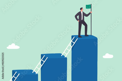 Step to grow business, ladder of success, progress, improvement or development to achieve goal, growth journey, career path concept, businessman climb up ladder step by step on graph to achieve goal.