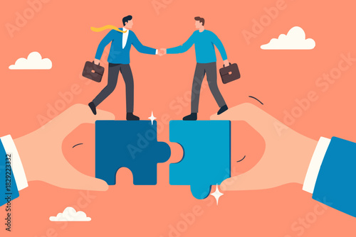 Partnership, teamwork or collaboration to success, solve jigsaw puzzle together, agreement or solution to win corporate trust, cooperation concept, businessman handshake connect jigsaw together.