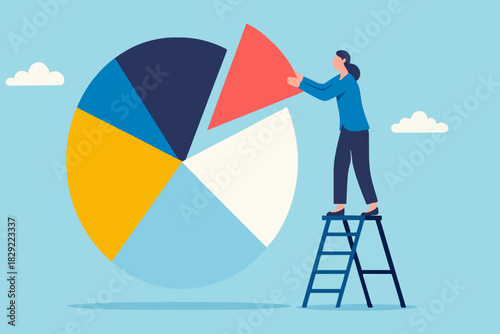 Investment asset allocation and rebalance concept, businessman investor or financial planner standing on ladder to arrange pie chart as rebalancing investment portfolio to suitable for risk and return
