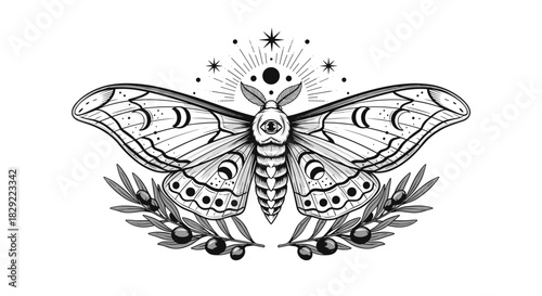 Mystical black and white illustration of a celestial moth with an all-seeing eye and moon phases, framed by delicate olive branches.