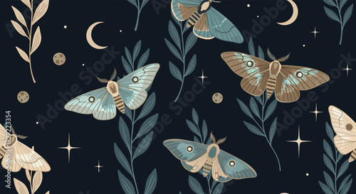 Celestial seamless pattern with beautifully illustrated moths, crescent moons, stars, and foliage on a dark navy blue background.