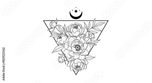 Minimalist geometric floral design featuring a line art bouquet of peonies within a triangle, topped with a celestial moon and stars.