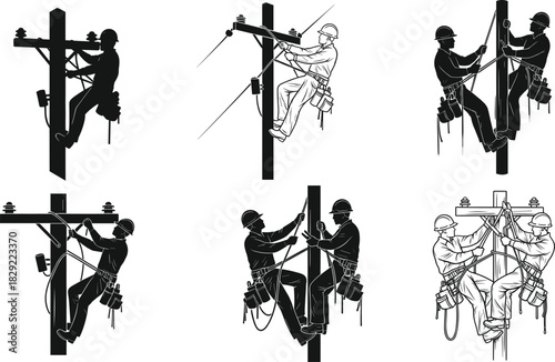 Electrical lineworkers climbing utility poles performing maintenance tasks illustration showing safety equipment, teamwork, power line repair and skilled technical workforce