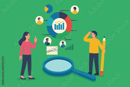 Market research, marketing or advertising survey to launch product, competitors research or social media report marketing report concept, business people look at magnify market data chart and graph.