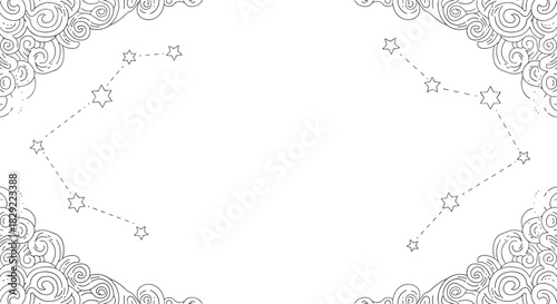 Celestial black and white background with constellations and textured swirling cloud patterns in the corners, with ample copy space.