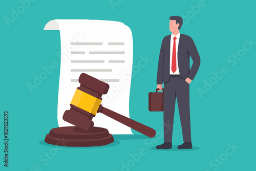 Legal document, attorney or court professional office, law and judgment approval paper concept, mature lawyer holding legal document with a gavel hammer symbol of court or judgement.