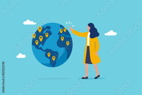 Global business expansion, open company branches, franchise in new location to cover all continent, growing business worldwide concept, businessman CEO put new branch pin on world map across globe.