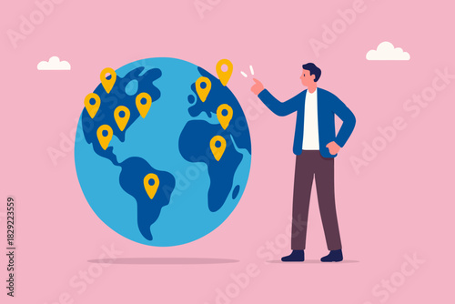 Global business expansion, open company branches, franchise in new location to cover all continent, growing business worldwide concept, businessman CEO put new branch pin on world map across globe.