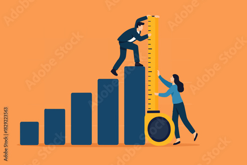 Business benchmark measurement, KPI, key performance indicator to evaluate success, improvement or business growth concept, businessman and woman help using measuring tape to measure bar graph.