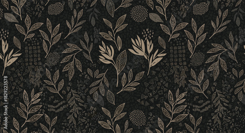 Intricate seamless pattern with hand-drawn botanical leaves and abstract textured elements in earthy tones on a dark background.