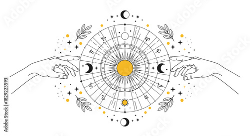 Esoteric astrology design with a zodiac wheel, central sun, celestial symbols, and two hands reaching towards the center.