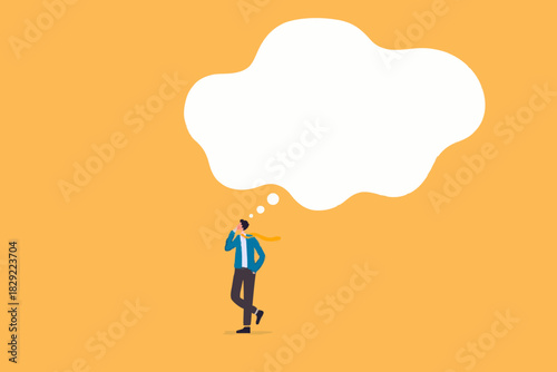 Think big, ambition to success, dream big to change the world or contemplation to get solution to solve big problem, imagination or creativity concept, smart businessman thinking with big bubble.