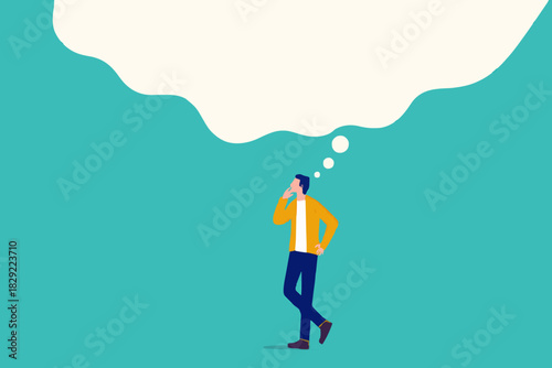 Think big, ambition to success, dream big to change the world or contemplation to get solution to solve big problem, imagination or creativity concept, smart businessman thinking with big bubble.
