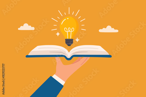Knowledge or education, study or learning new skill, creativity or idea, reading book for inspiration, discover solution or literature, wisdom concept, hand hold open book to discover lightbulb idea.