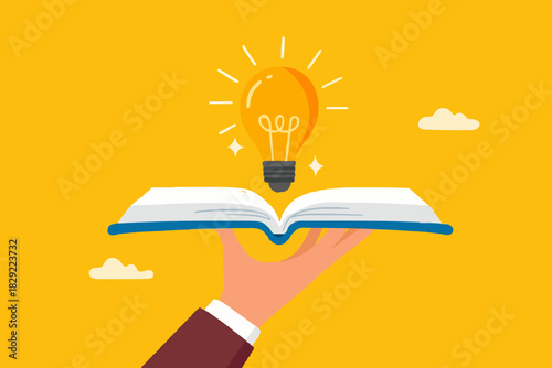 Knowledge or education, study or learning new skill, creativity or idea, reading book for inspiration, discover solution or literature, wisdom concept, hand hold open book to discover lightbulb idea.