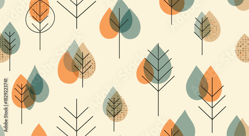 Retro mid-century modern seamless pattern with stylized trees and overlapping transparent leaves in muted orange and teal colors.