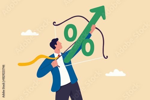 Interest rate hike due to inflation percentage rising up, FED, federal reserve or central bank monetary policy, economics or loan concept, businessman archery percentage arrow high up into the sky.