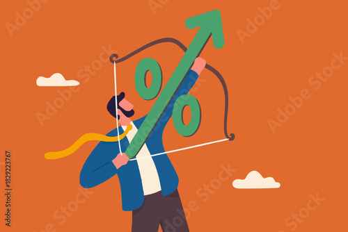 Interest rate hike due to inflation percentage rising up, FED, federal reserve or central bank monetary policy, economics or loan concept, businessman archery percentage arrow high up into the sky.