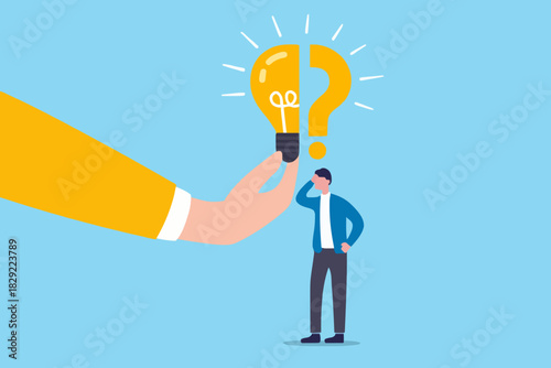 Business problem, idea, decision making and solution, job and career path concept, confusing businessman stand with question mark sign then helping hand put half of lightbulb lamp for bright solution.