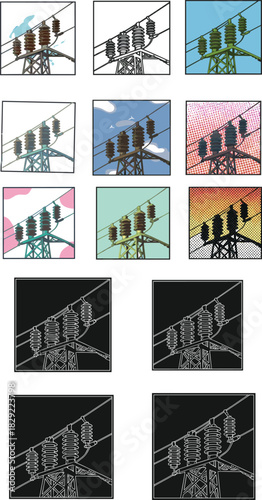 Electrical power tower insulators illustrated in multiple artistic styles, colorful variations, silhouette versions, perfect for energy themed design, background, and graphic projects