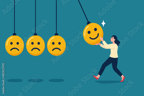 Optimistic, happiness or positive thinking inspire other people happy, emotional intelligence or balance between happiness and sadness, man holding smile face pendulum ball to hit other sad faces.