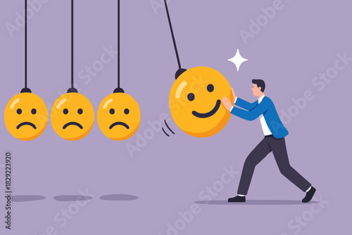 Optimistic, happiness or positive thinking inspire other people happy, emotional intelligence or balance between happiness and sadness, man holding smile face pendulum ball to hit other sad faces.