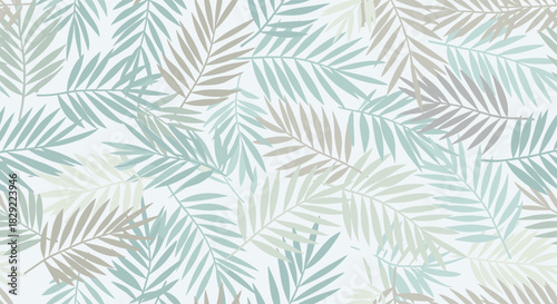 Seamless pattern of delicate palm leaves in muted pastel tones of blue, green, and beige, creating a calm tropical background.