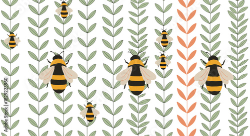 Charming seamless pattern with bumblebees and vertical rows of stylized green and orange leaves on a clean white background.