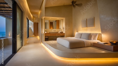 Modern minimalist hotel room with bright lighting, elegant decor, and ocean view, showcasing modern architecture and relaxation in a serene environment