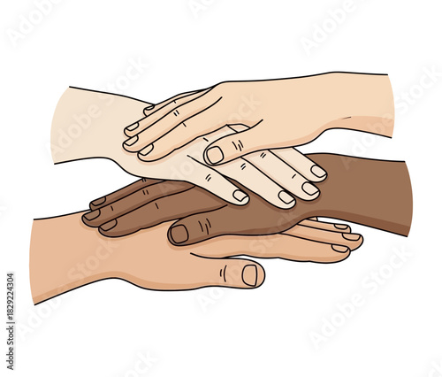 Four hands of diverse skin tones stacked together, symbolizing unity and cooperation among different people and cultures.
