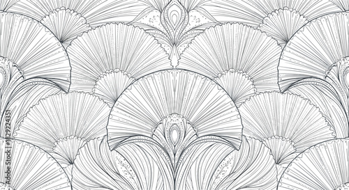 Elegant and intricate Art Deco seamless pattern with stylized fan or shell motifs in a detailed black and white line art style.