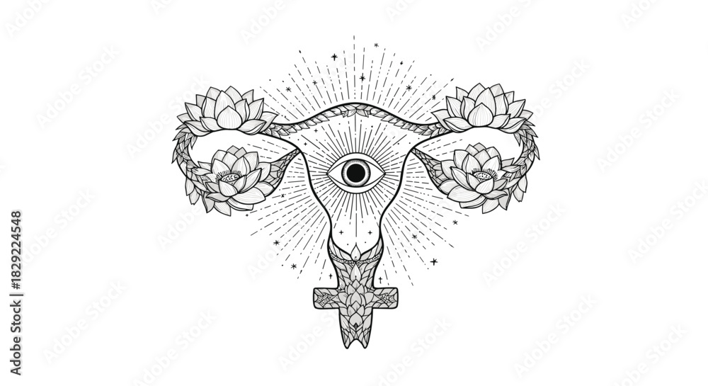 Obraz premium Mystical illustration of a uterus with an all-seeing eye, blooming lotus flowers, and a crystal Venus symbol for feminine power.