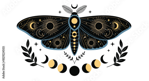 Beautiful celestial illustration of a mystical moth decorated with suns and moons, framed by branches and moon phases.